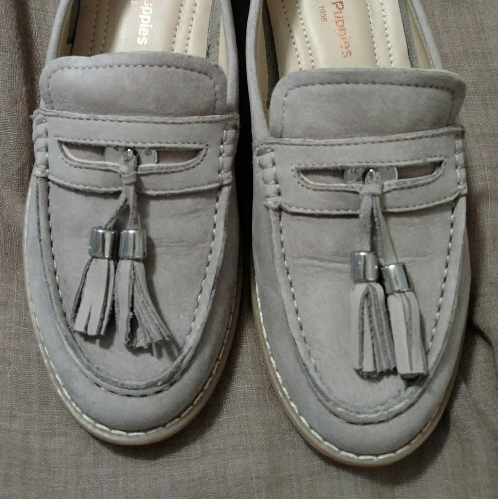 Gray nubuck leather tassel loafers